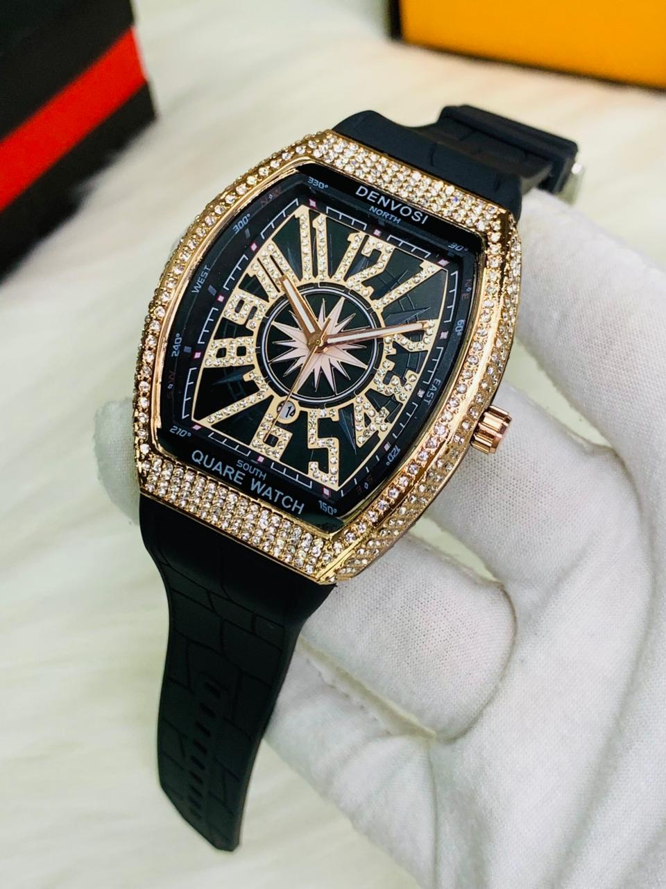 Denvosi Franck Muller Vanguard Style Iced Out Compass Watch – Multi-Color Rubber Strap