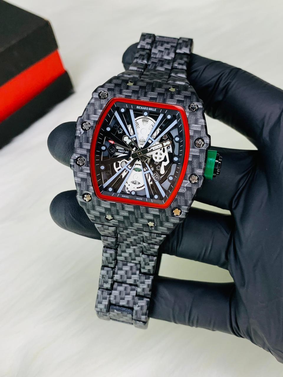 Richard Mille RM27 Style Skeleton Watch – Carbon Fiber & Steel | Red Bezel